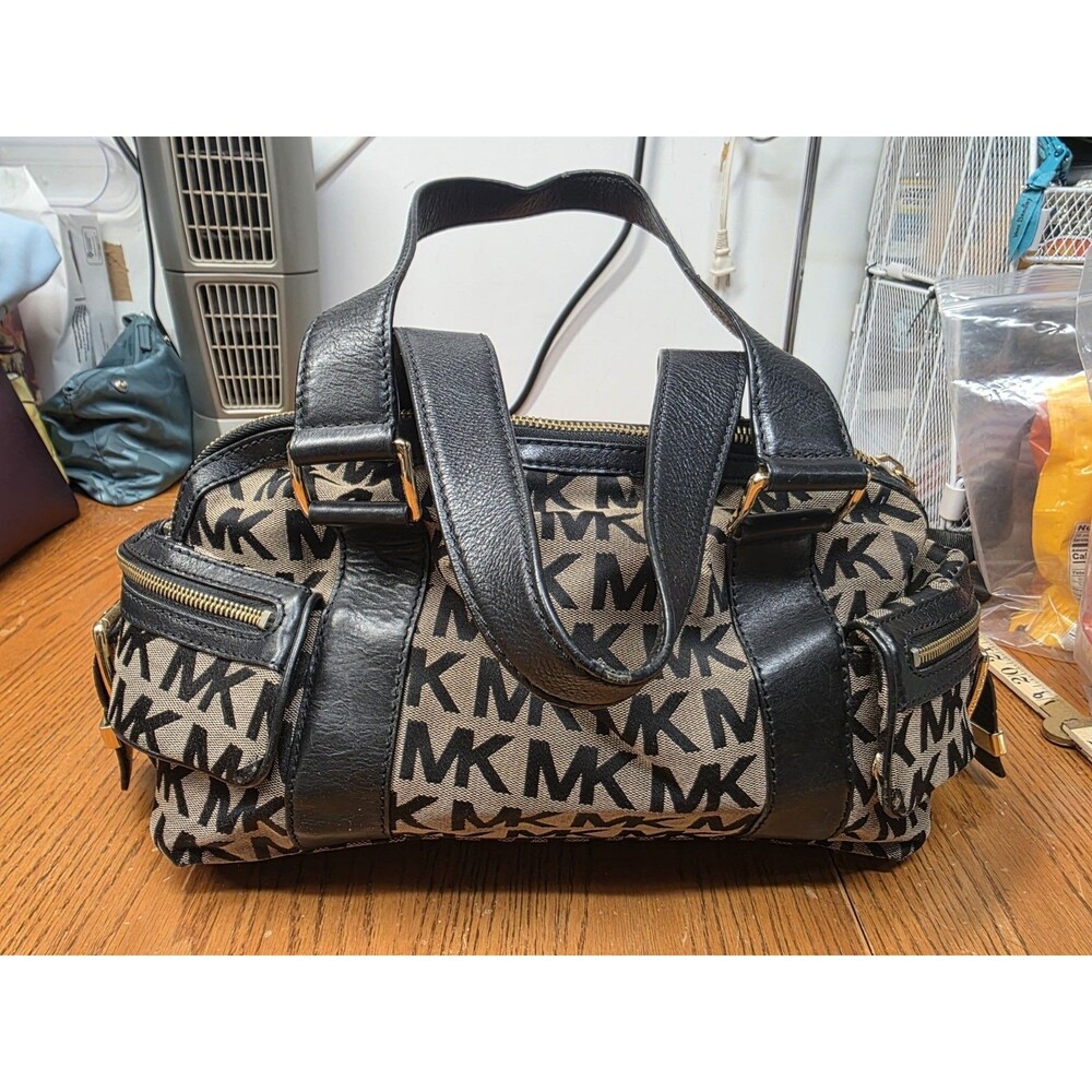 Michael Kors Signature Monogram Black Ivory Jacquard Large Satchel Side...